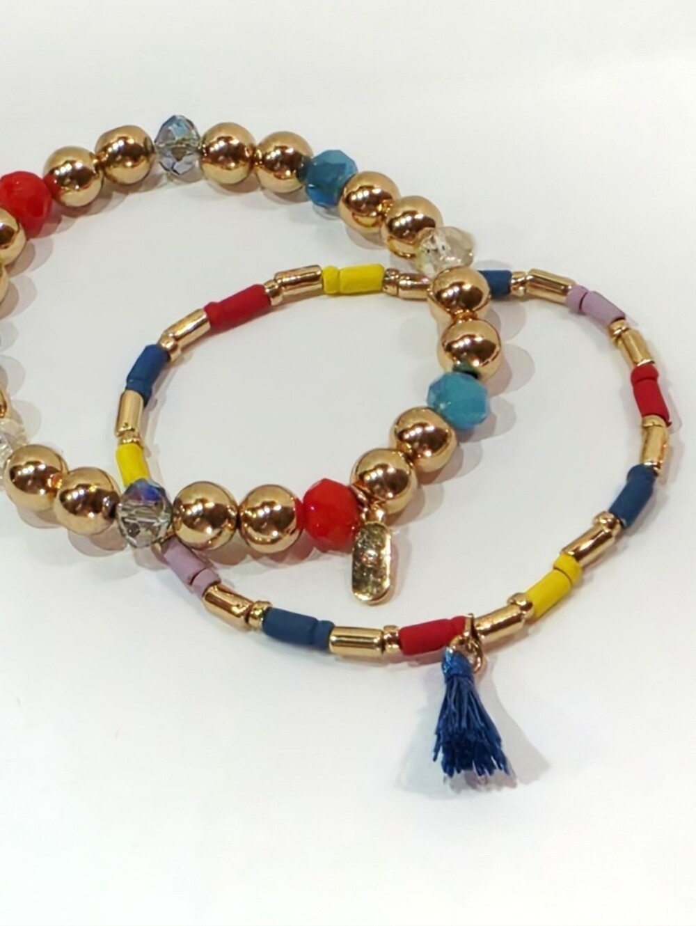 Boho Multicolor Beaded Bracelet Set Rainbow Tassel & Charm Wrist Layering